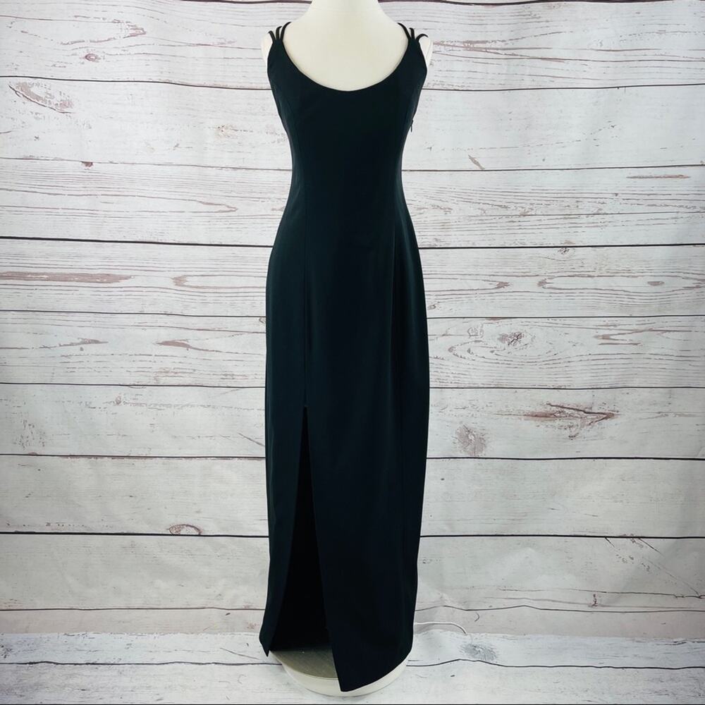 Cache vintage long black dress crisscross back silk front slit